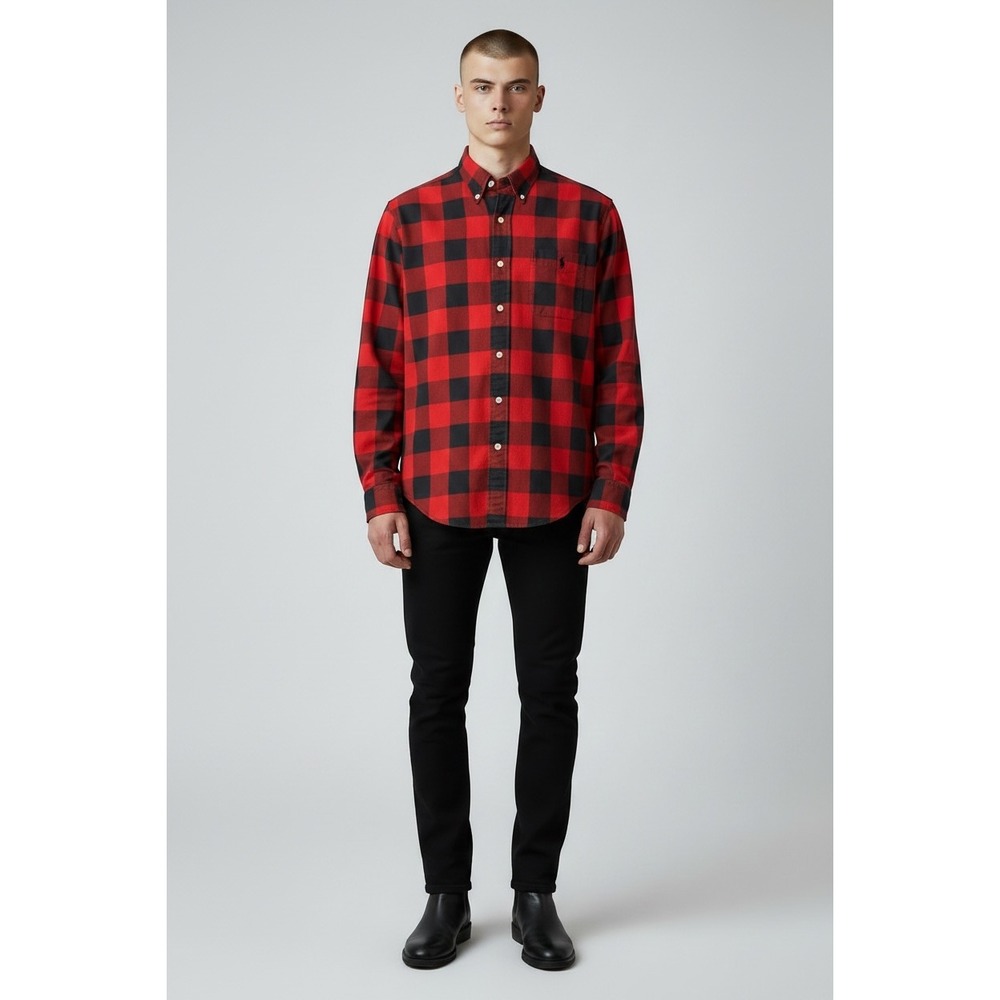 Ralph Lauren Mens Buffalo Plaid Button Down Shirt Size Medium Red Black Oxford